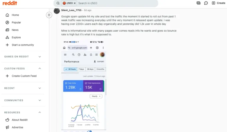 구글 스팸 업데이트 이후 검색 트래픽 감소를 주장한 레딧 r/SEO 이용자의 게시글과 Search Console 화면