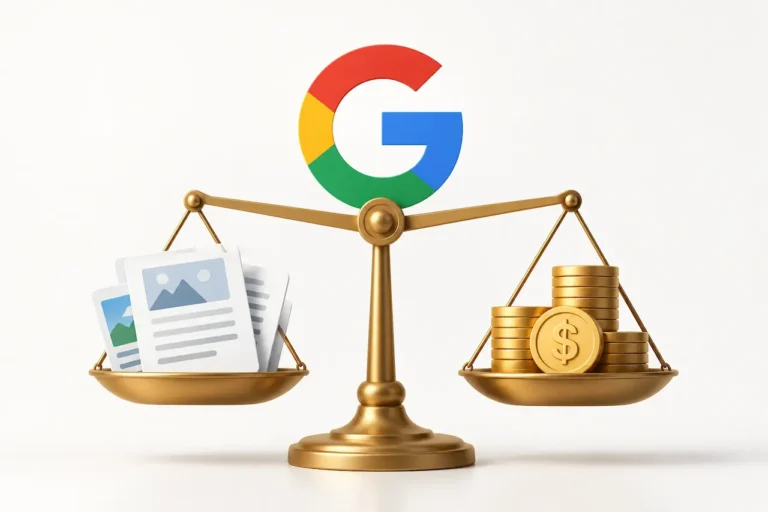 구글 로고 아래 콘텐츠 문서와 금화를 저울에 올려놓은 이미지
