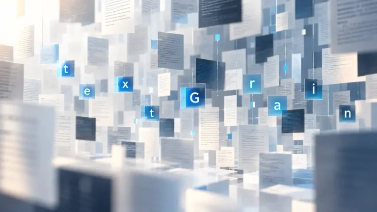 공중에 떠 있는 반투명 텍스트 문서 사이로 textGrain의 철자가 분산 배치된 AI 워터마크 개념 이미지
